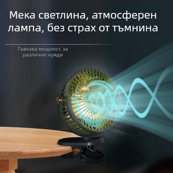Настолен клип-фен USB презареждаем, безчетков мотор, 5 скорости, нисък шум до 36 дБ, вградена батерия 1200–2000 мАч