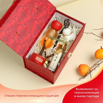 Бизнес подаръчен комплект със сгъваеми фенове и дървени фиби за коса, печат на лого, модерен минималистичен стил, подходящ за конференции и корпоративни подаръци