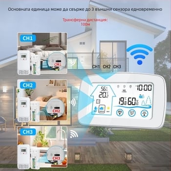 Будилник с подсветен сензорен екран, безжично измерване на температура и влажност за вътрешна и външна среда, цифров LCD метеорологичен часовник