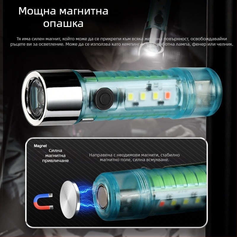 LED мини фенер с ключодържател за къмпинг, водоустойчив, LED+COB, обхват 10–15 м, време на светене 3 ч, капацитет на батерията 400 mAh