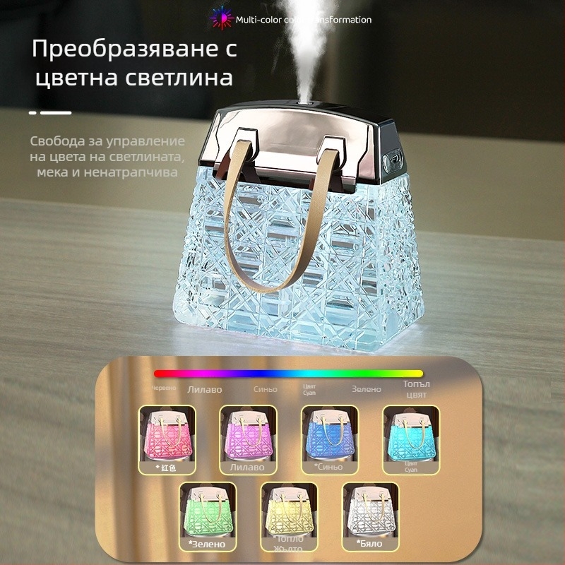 Увлажнител за дом и офис — USB настолен кристален корпус, 1 изход за мъгла, резервоар под 0.5 л, обхват 21–30 м², атмосферна лампа