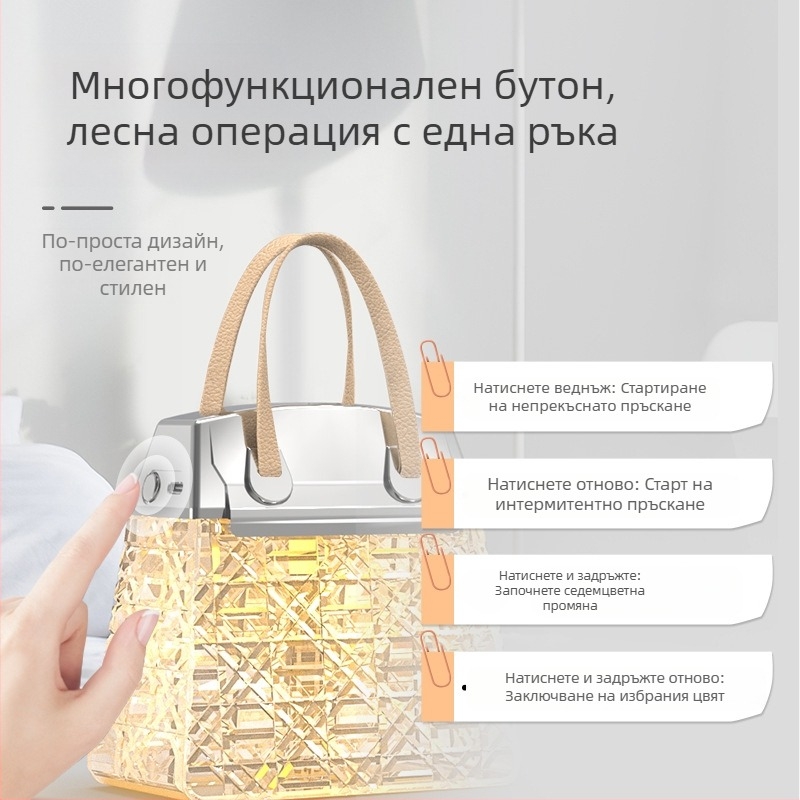 Увлажнител за дом и офис — USB настолен кристален корпус, 1 изход за мъгла, резервоар под 0.5 л, обхват 21–30 м², атмосферна лампа