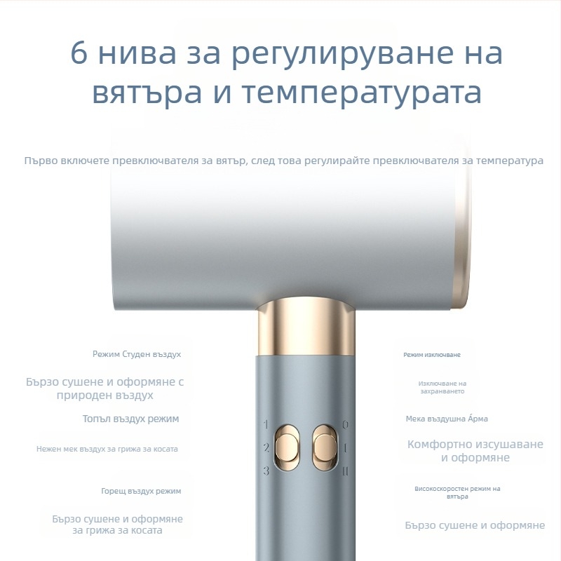 Сешоар за дома с безчетков DC мотор, 2200 W, отрицателни йони, постоянна температура, хладен/горещ въздух, 3 скорости на въздуха, защита от прегряване