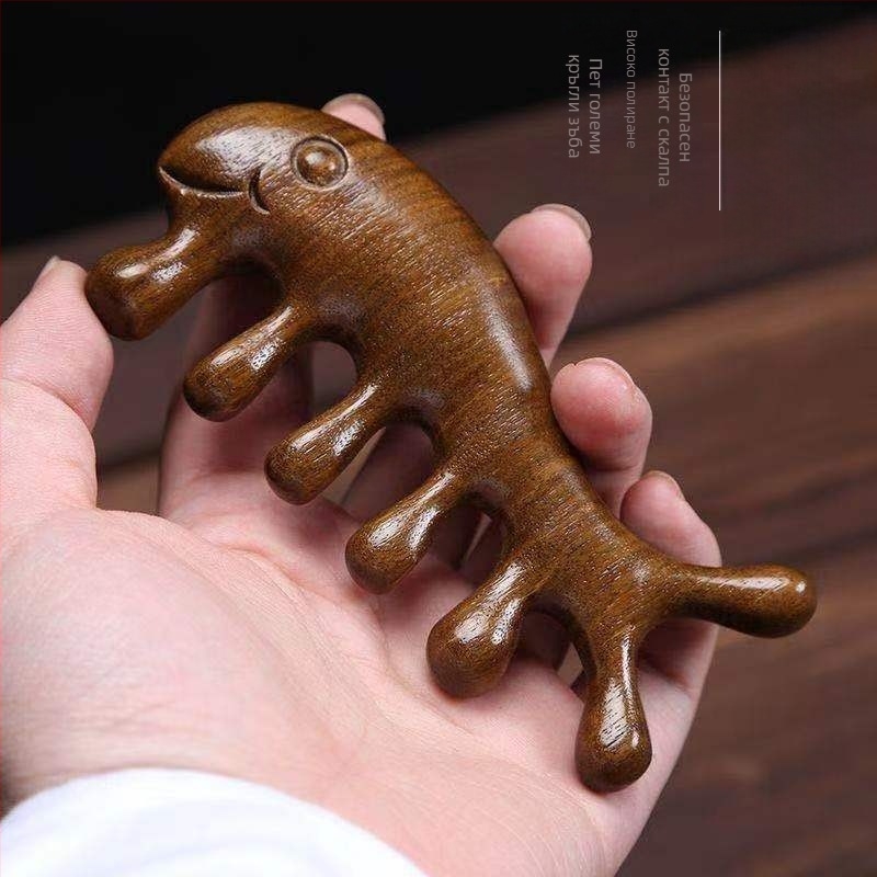 Дървен гребен за коса от сандалово дърво с масаж и меридиан, широки зъби