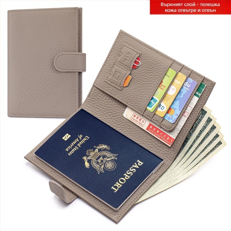 Женски паспортен портфейл ултра тънък — истинска кожа, първи слой телешка кожа, RFID защита, органайзер за паспорти и карти