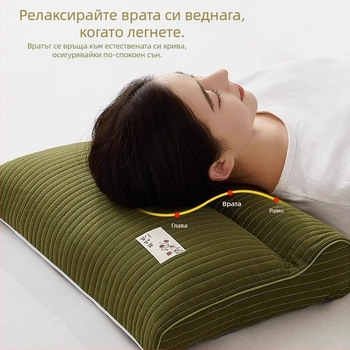 Гречнева възглавница с твърдо ядро за защита на шийния прешлен, пълнеж от гречиха, 100% памук, правоъгълна форма, калъф включен