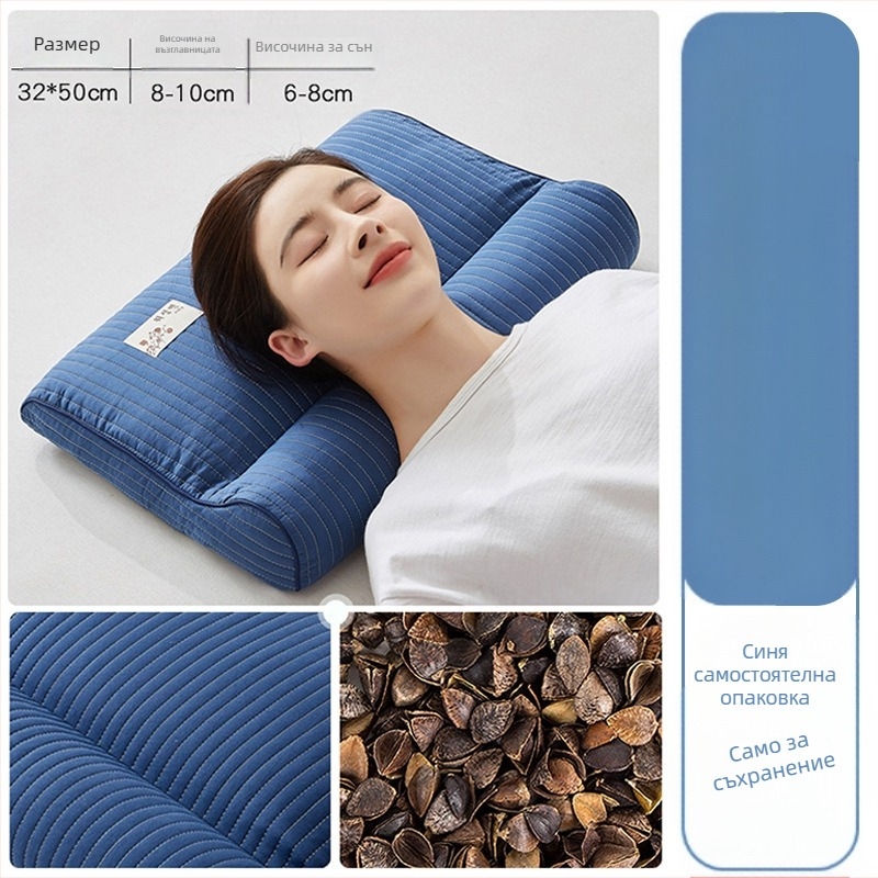 Гречнева възглавница с твърдо ядро за защита на шийния прешлен, пълнеж от гречиха, 100% памук, правоъгълна форма, калъф включен