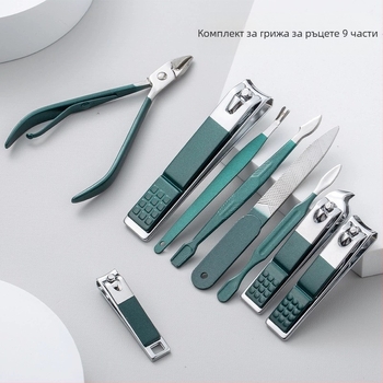 18-частов преносим комплект за маникюр – ножици за нокти и инструменти; материали: неръждаема стомана с електроплатина и въглеродна стомана; дизайн: преносим, плоска уста, наклонен дизайн; мултифункционални пинсети