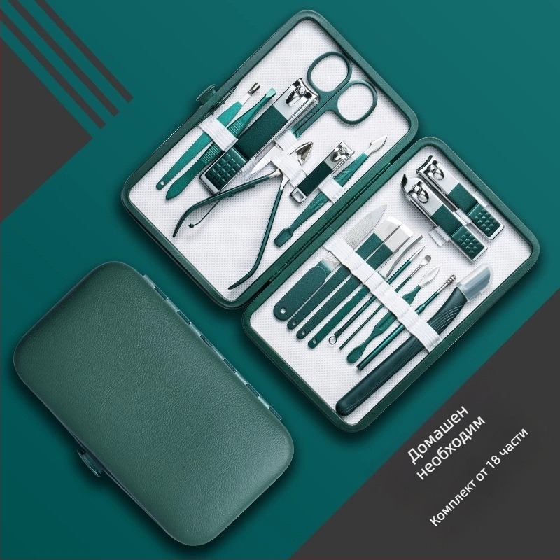 18-частов преносим комплект за маникюр – ножици за нокти и инструменти; материали: неръждаема стомана с електроплатина и въглеродна стомана; дизайн: преносим, плоска уста, наклонен дизайн; мултифункционални пинсети