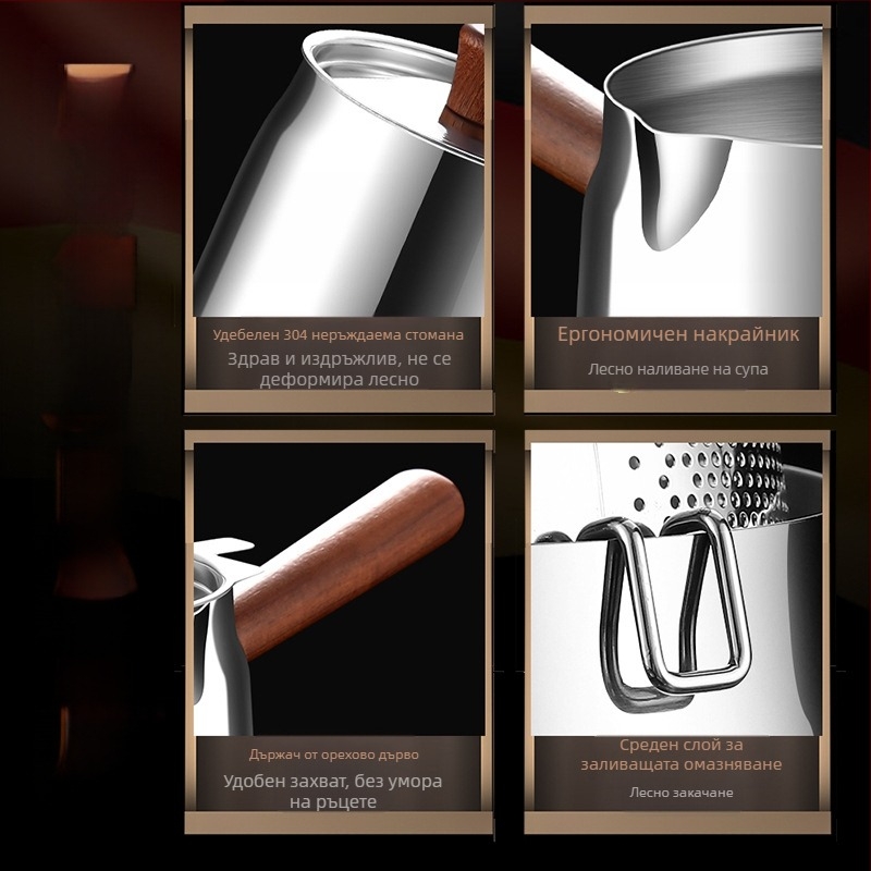 Орехово дърво и 304 неръждаема стомана изолиран съд за пържене със кошница за пържене и капак от 304 стомана, външен фритюрник с комплексно дъно, за пържене и филтриране, модерен минималистичен стил