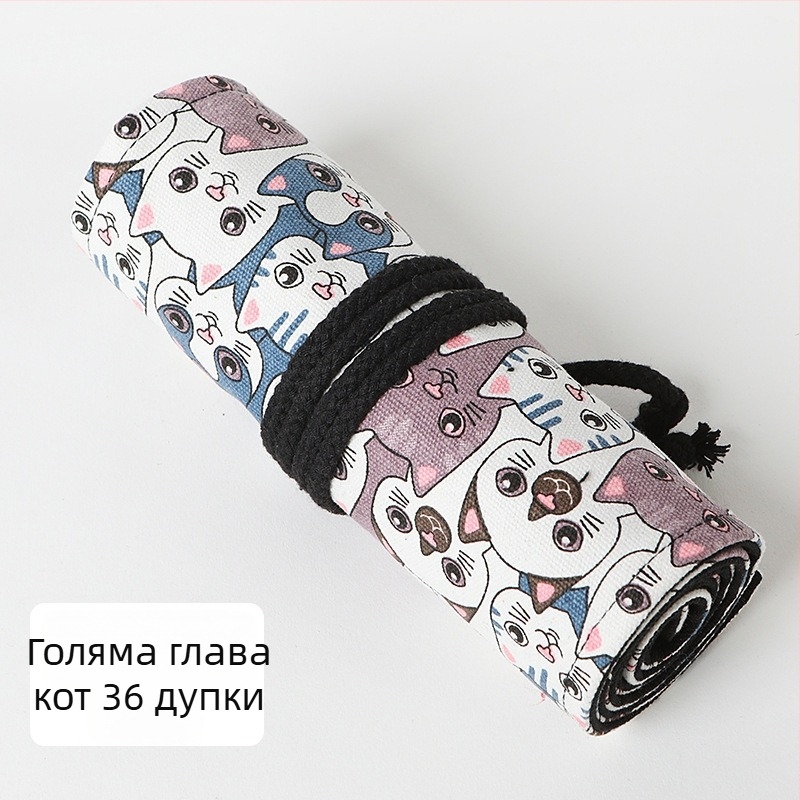 Калъф за моливи от канвас с принт Big Head Cat, 12/24/36/48/72 дупки, квадратен стил