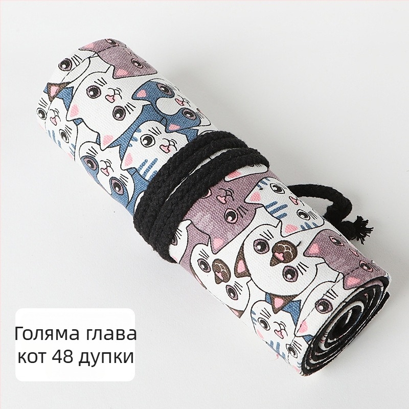Калъф за моливи от канвас с принт Big Head Cat, 12/24/36/48/72 дупки, квадратен стил