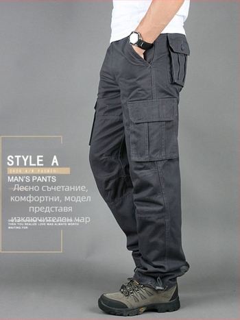 Мъжки памучни работни панталони с множество джобове, прав силует, 100% памук, двойна талия, цип