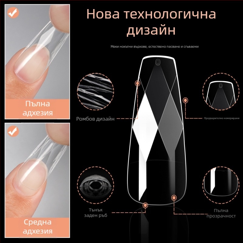 Прозрачни върхове за нокти с 3D диамантени акценти, форми бадем и балерина, неравна клетъчна шарка