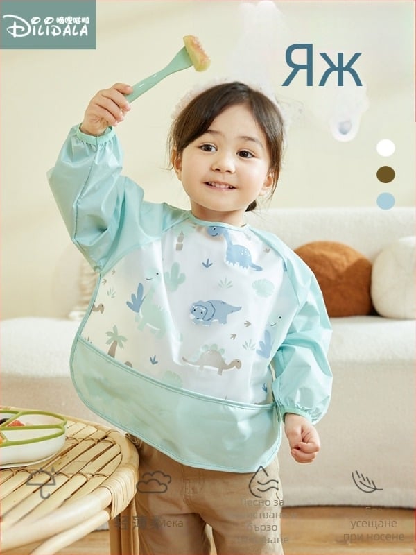Бебешки водоустойчив лигавник за хранене с дълги ръкави, карикатурен принт, полиестер TPU, пролет 2025.