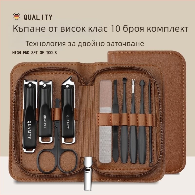 Портативен комплект за подрязване на нокти – висококачествени инструменти от неръждаема стомана, носни косми, наклонени клещи и лъжичка за уши