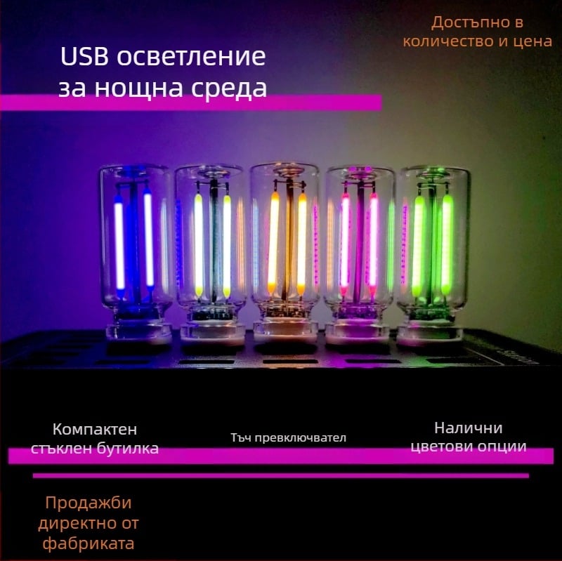 USB нощна лампа с контрол за докосване – стъклена лампа за нощно шкафче и автомобилна атмосфера, модел 352, мощност 5, напрежение 5