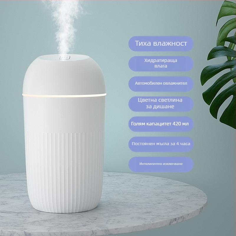 USB захранван овлажнител за бюро и дом, безшумен, преносим, колонен дизайн; 1 изход за мъгла, таймер 2–8 ч, подходящ за помещения до 10 м²