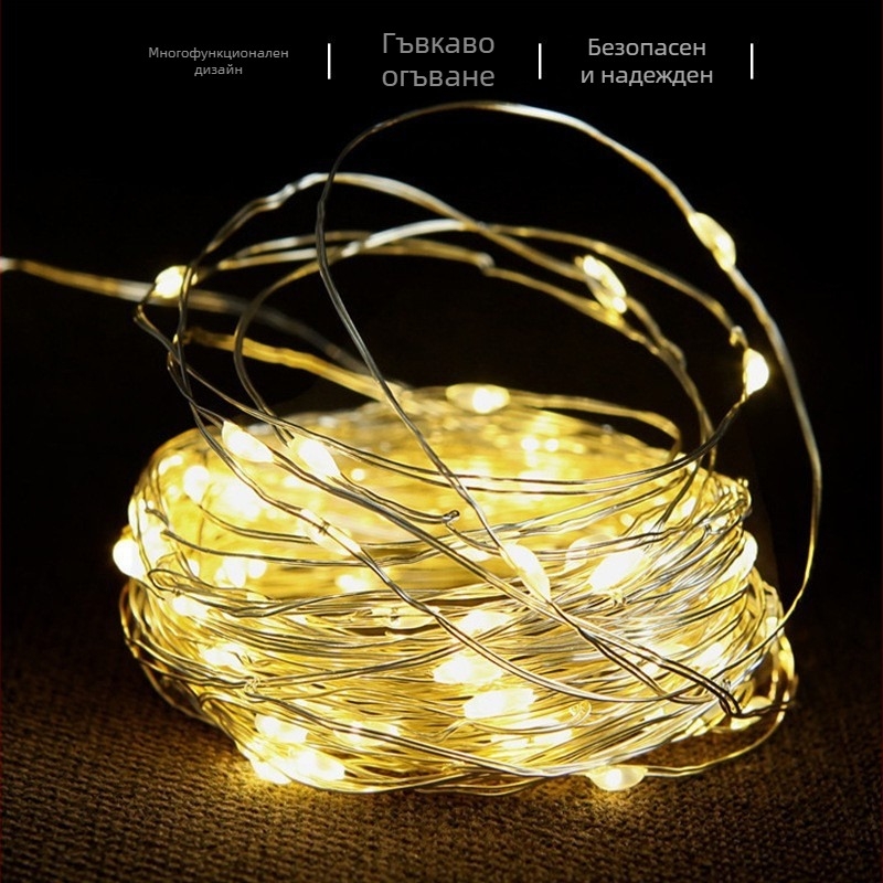 Соларен външен LED низ от медна жица, IP65 водоустойчив, 50 LED, дистанционно управление, празнична украса за дърво