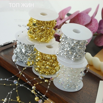 Декоративна лента с цветни перли и звезди — пластмасова, 10 м ролка, марка Shangjin, за DIY чанти