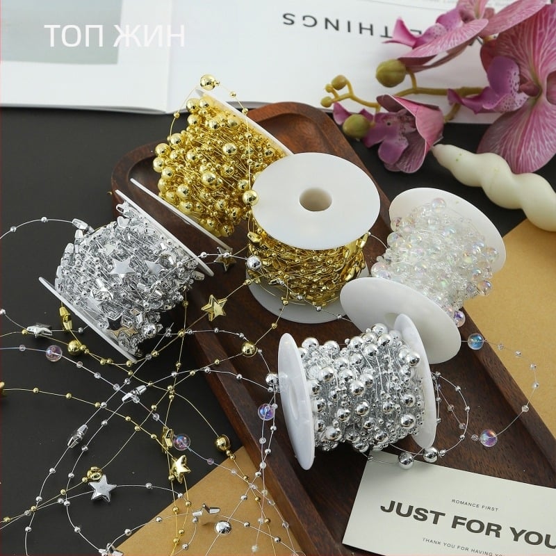 Декоративна лента с цветни перли и звезди — пластмасова, 10 м ролка, марка Shangjin, за DIY чанти