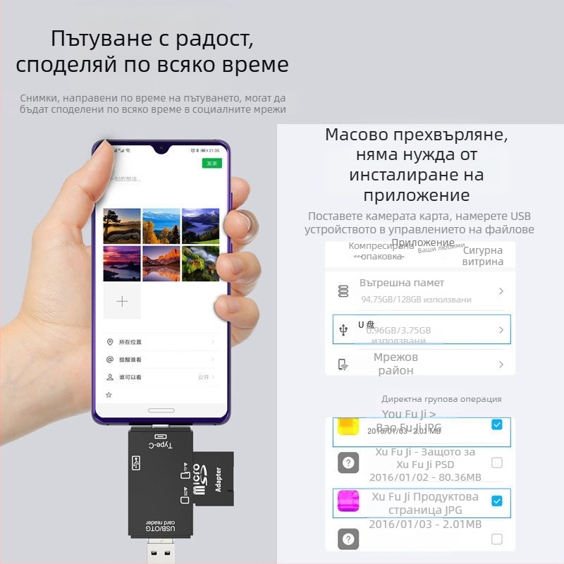 Шест в едно USB четец за карти – високоскоростен USB, поддръжка SD/TF, съвместим с USB-C/Android, за PC