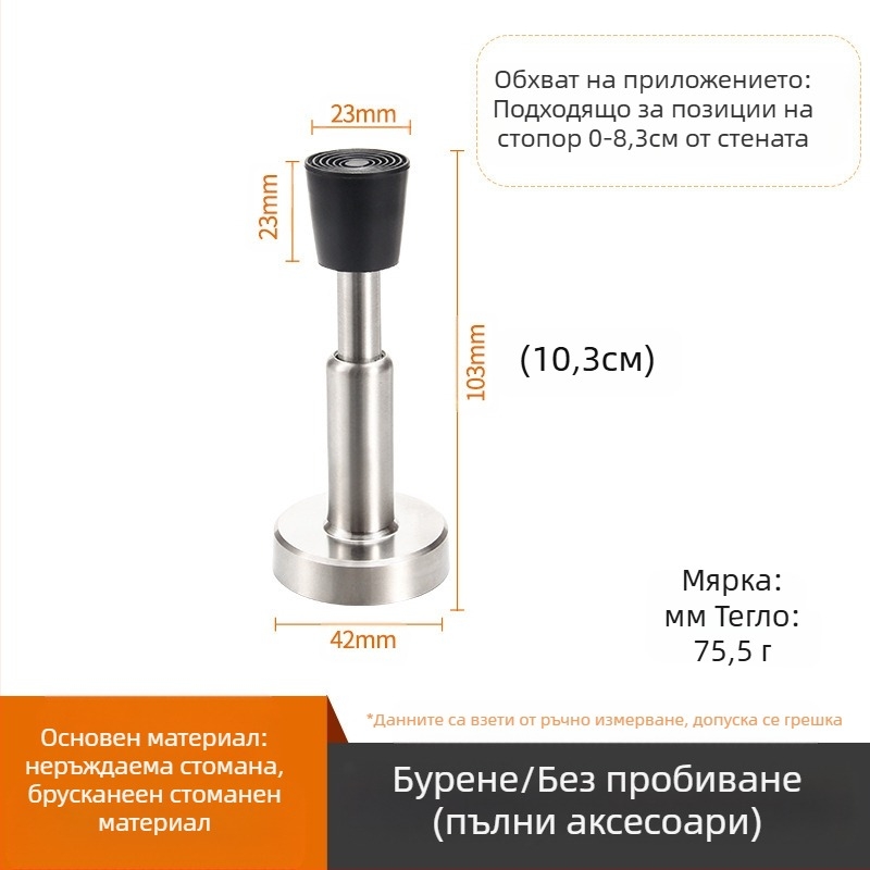 Стенно монтиран неръждаем спирач за врата с антиколизия и удебелен гумен връх, модел 008, полирана повърхност