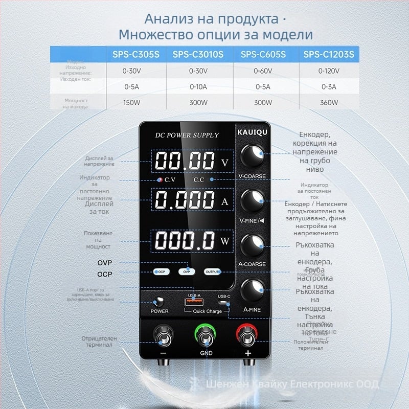 KUAIQU Регулируемо DC захранване, 30–60V, защита OCP и OVP, превключващо захранване