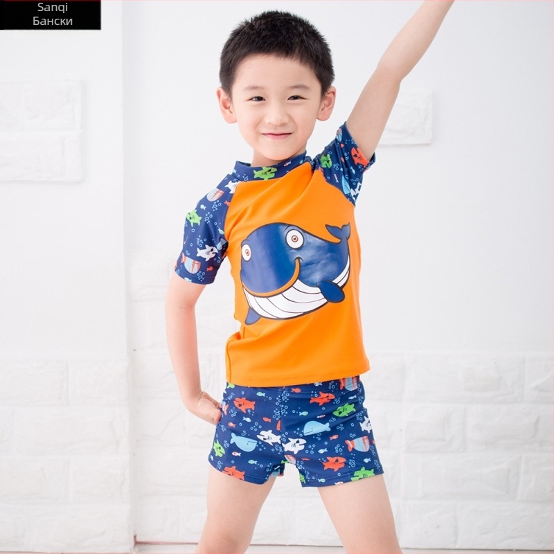 Разделен плувен костюм за момчета, карикатурен принт (Възраст 3–10 години; плат: найлон; 82% полиестер; подплата: полиестер и 8% спандекс)