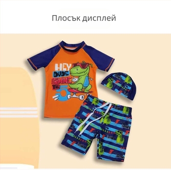 Момчешки двучастен плувен комплект с карикатурен принт, полиестерна материя (85% полиестер) с подплата от 15% еластан, за възраст 3–13 години, подходящ за плуване и водни спортове