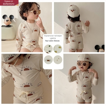 Beilixing двукомпонентен бански за момчета с дълъг ръкав, UV защита, бързосъхнещ, полиестерна материя, висока еластичност, корейски стил с флорални мотиви