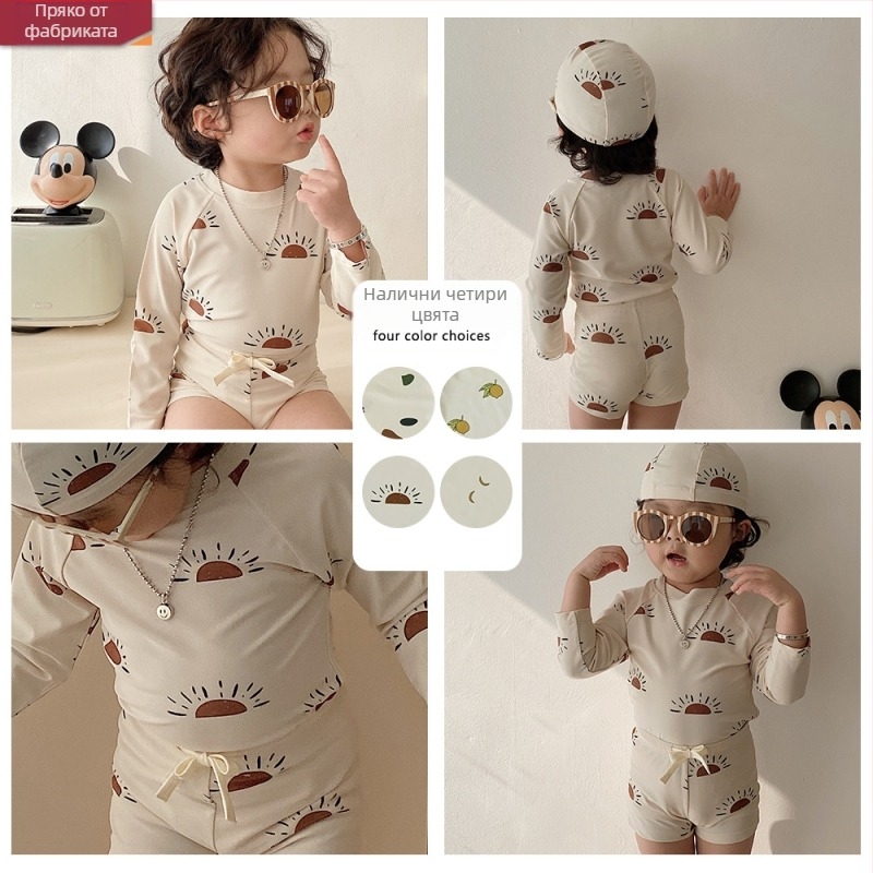 Beilixing двукомпонентен бански за момчета с дълъг ръкав, UV защита, бързосъхнещ, полиестерна материя, висока еластичност, корейски стил с флорални мотиви