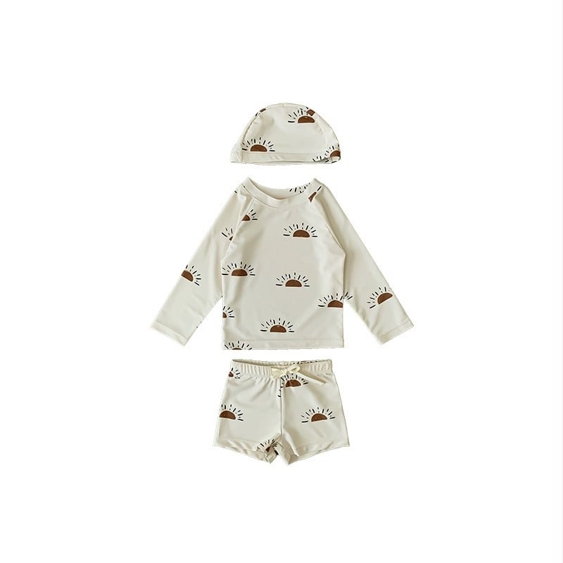 Beilixing двукомпонентен бански за момчета с дълъг ръкав, UV защита, бързосъхнещ, полиестерна материя, висока еластичност, корейски стил с флорални мотиви