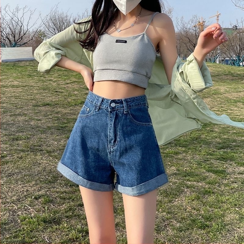 Дънкови къси панталони с висока талия – Hot pants, памучна материя 50–70%, лято 2025, уличен стил