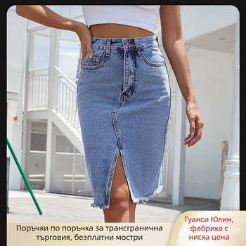 Дънкова пола с висока талия, средна дължина, цепка, еластичен памучен деним, уличен хипстър стил