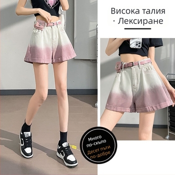 Памучни деним къси панталони с висока талия, А-образна кройка с подгънат ръб, тънък силует