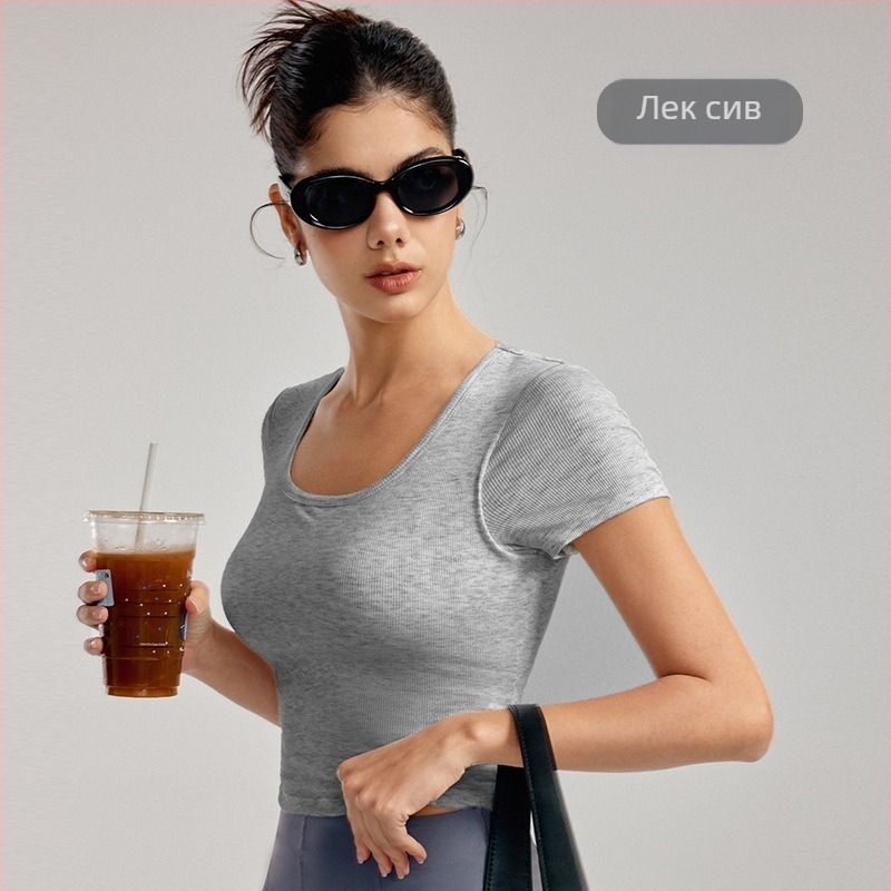 Йога топ с подплънки за бюста - дишаща вискоза-еластан смес, слим фит, талия-дължина, къс ръкав, за йога и спорт