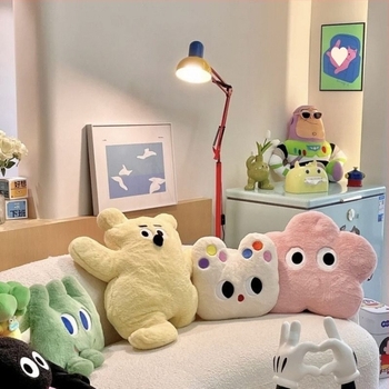 Възглавница с плюшено коте и мечка мотив, карикатурна бродерия, сладък стил, пълнеж PP памук