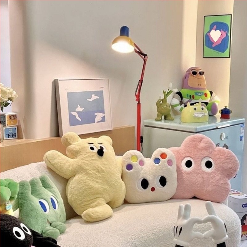 Възглавница с плюшено коте и мечка мотив, карикатурна бродерия, сладък стил, пълнеж PP памук