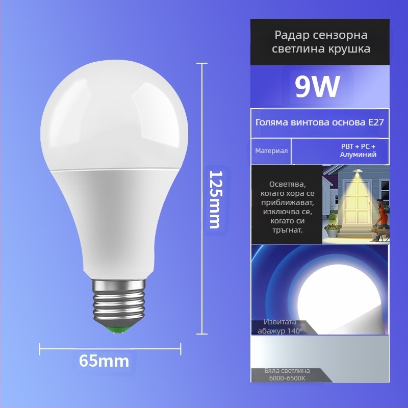LED сензорна лампа, база E27, 85-265V, 180° лъч, IP30, PF 0.6