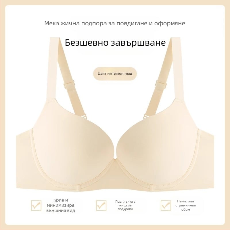 Бюстгальтер с безшевни чашки и мек стоманен пръстен, пълна чашка, тънка формирана чашка, подпора за бюст, регулируеми презрамки, три реда закопчалки на гърба
