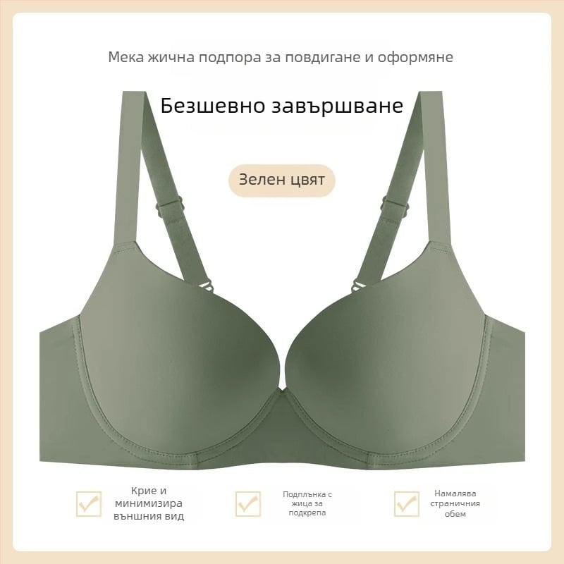 Бюстгальтер с безшевни чашки и мек стоманен пръстен, пълна чашка, тънка формирана чашка, подпора за бюст, регулируеми презрамки, три реда закопчалки на гърба