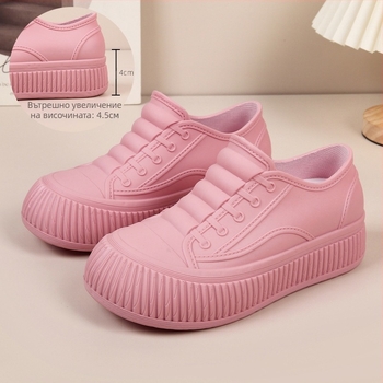 Дамски дъждовни ботуши - водоустойчива PVC горна част, без връзки, slip-on, нисък ток 1–3 см