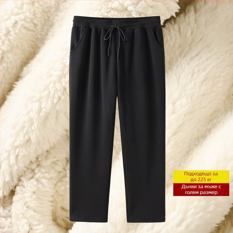 Мъжки дълги панталони с подплата от флийс, свободна кройка, прави крака, средно висока талия, дебела памук-полиестер смес, микроеластичност