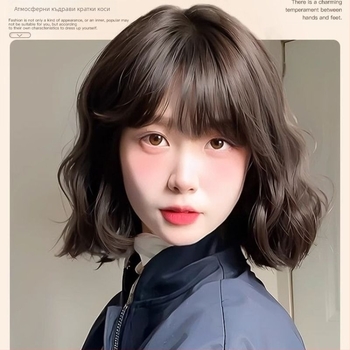 Женска перука с естествен вид, къса къдрава прическа с водни вълни, високотемпературна нишка, механично обработена, челки: прави или наклонени, не е подходяща за горещо боядисване