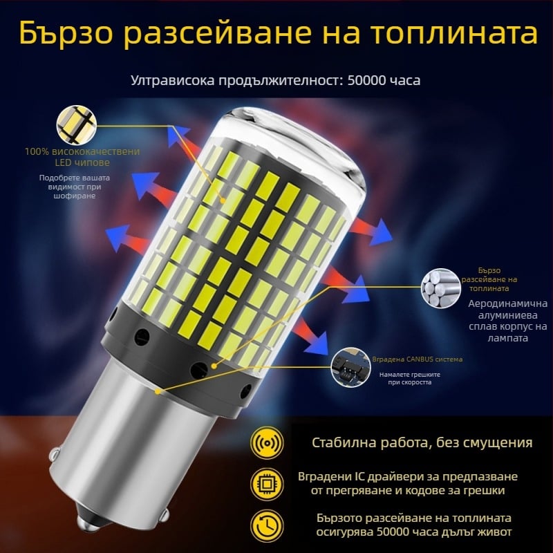 LED мигач и фар за спиране 3014-144, 12-80V, 20-22W, 6000K, 50 000 часа