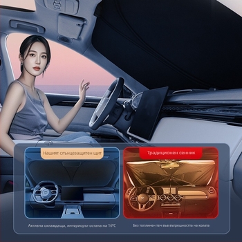 Автомобилен сенник за предното стъкло – титаниево сребро + удароустойчива тъкан, вградена инсталация, универсално пасване, персонализиране и печат на лого