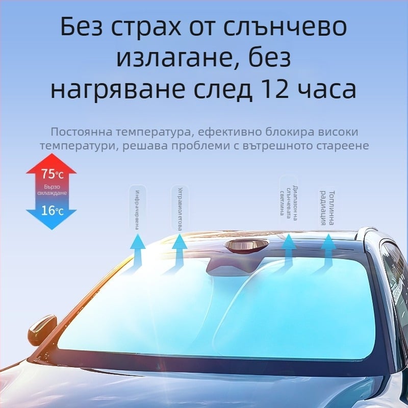 Автомобилен сенник за предното стъкло – титаниево сребро + удароустойчива тъкан, вградена инсталация, универсално пасване, персонализиране и печат на лого
