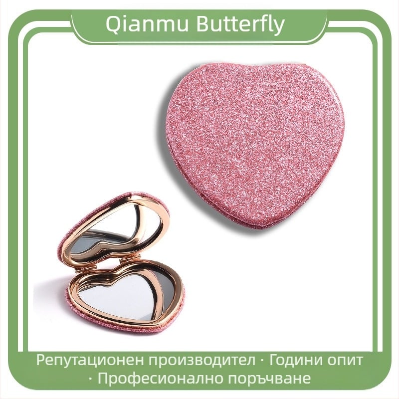 Десктоп двойно-странично огледало за грим със сърцевидна форма, възможност за печат на лого, рамка PU/PS/PVC, сребърно огледало