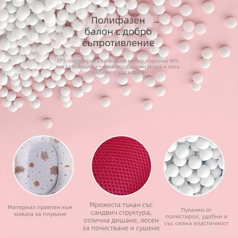 Бебешка подложка за къпане с рамкова мрежа; материал: еластична тъкан с четири посоки + мрежа + пълнеж от полиестер + ПЕ кука; подходяща за сядане и лягане